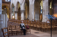 Jan contemplating her family ties with the parish of Ste Severin church in Paris.  Jan's direct ancestors Pierre Jutras and Claude Boucher were born into this parish in 1605 and 1610 respectively.  They married in 1628 and their two children, Claude (born 1628) and Dominic (born 1643), were born in France.  It is not known whether Pierre and Claude remained in France for the balance of their lives or accompanied Claude and Dominic when they moved to Trois Rivieres, PQ Canada.