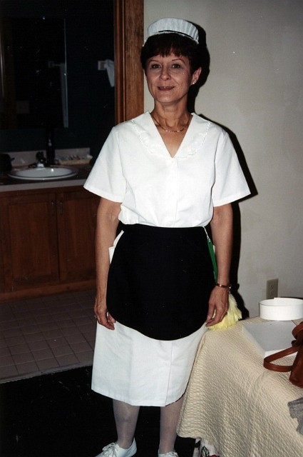 Julie_155.jpg - Mom as viewed by teenaged children  :-)  This was Mom's costume for a mystery weekend at Evins Mill in Tennessee (October 1998).