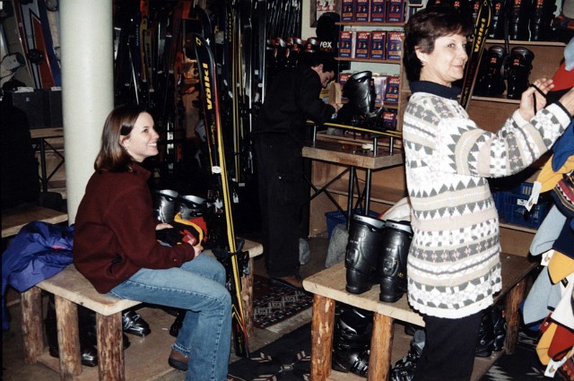 Julie_158.jpg - Whistler BC -- picking out ski equipment.  February 1999