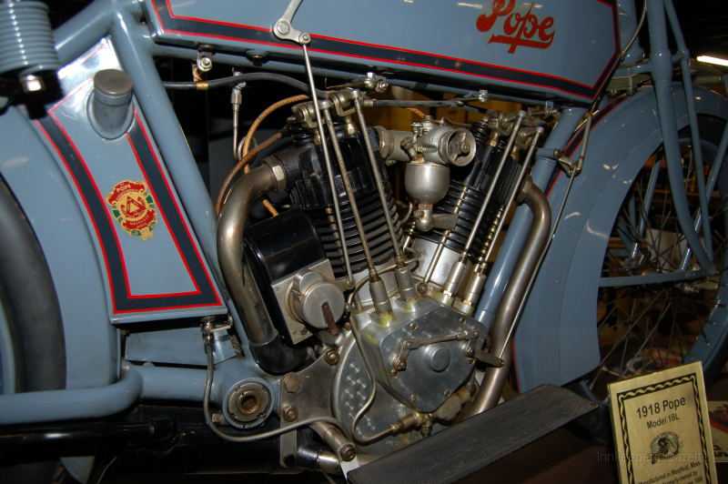 wheelsThruTime0011.JPG - A 1918 Pope.  Note the external rocker arms on both intake and exhaust valves, and the end milling on the engine cases.  These early manufacturers were  proud of their products.